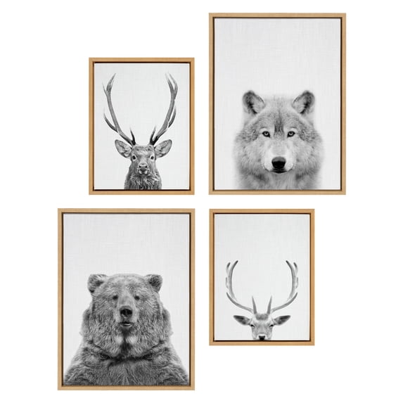 Kate and Laurel Sylvie Deer, Wolf, Bear European and Cervus Elaphus The Red Deer Black and White Framed Canvas Wall Art Set by Simon Te of Tai Prints, 4 Piece Set Natural, Animal Portrait Art