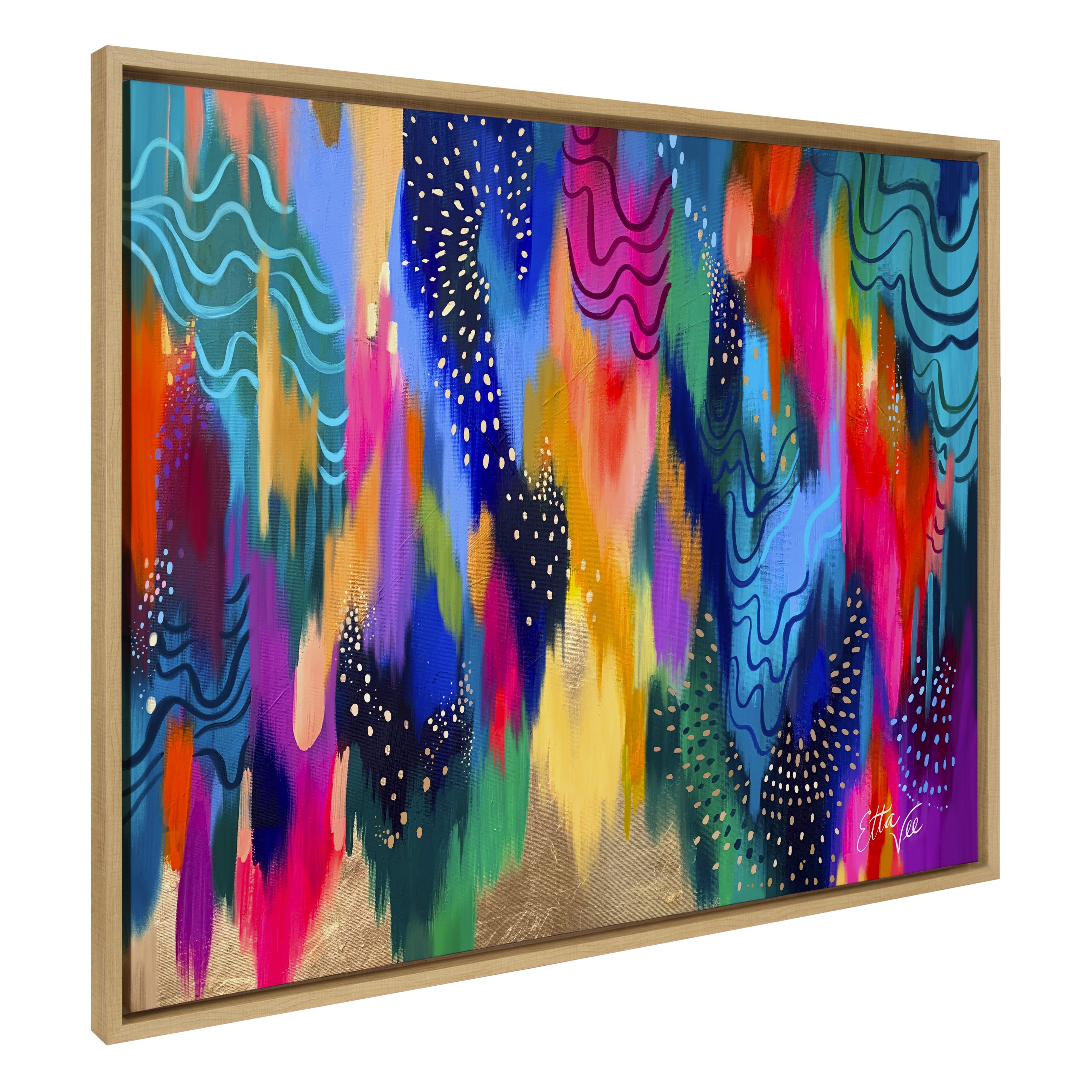 Colorful Abstract Brushstroke Canvas Wall Art in Natural Frame