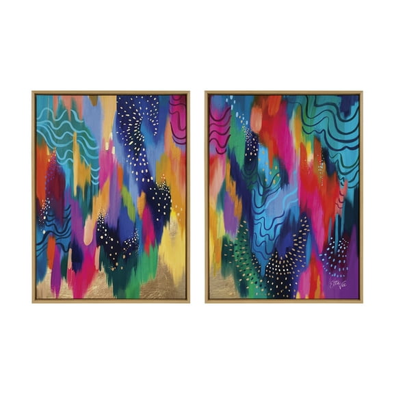 Kate and Laurel Sylvie EV Brushstroke 128 Left and Right Framed Canvas Wall Art Set by Jessi Raulet of Ettavee, 2 Piece Set 28x38 Natural, Modern Abstract Colorful Fun Art Set for Wall