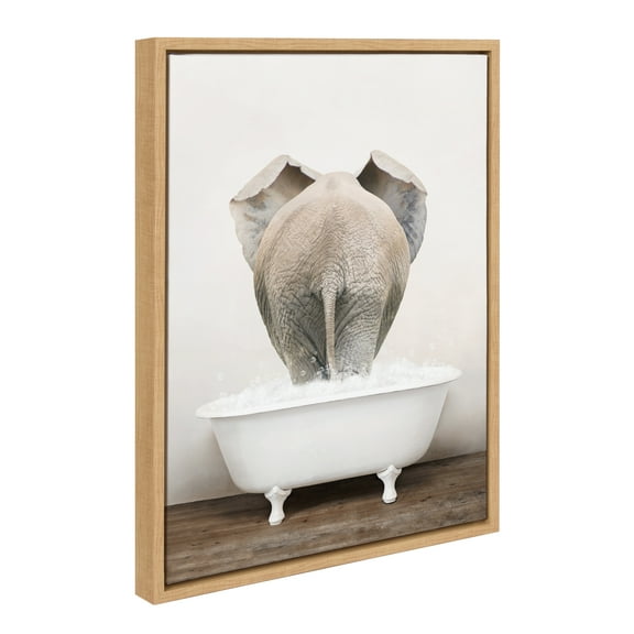 Kate and Laurel Sylvie Elephant Back in Rustic Bath Framed Canvas Wall Art by Amy Peterson Art Studio, 18x24 Natural, Modern Fun Decorative Bathtub Wall Art for Home Décor