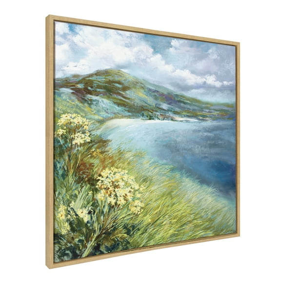 Kate and Laurel Sylvie Emerald Isle Ring of Kerry Framed Canvas Wall Art by Nel Whatmore, 30x30 Natural, Beach Mountain Landscape Art for Wall Home Decor