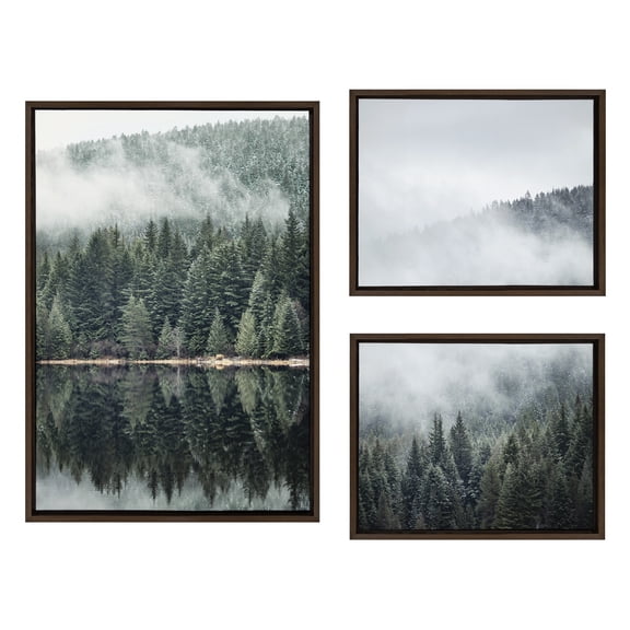 Kate and Laurel Sylvie Evergreen Reflections in Fog Framed Canvas Wall Art Set by Emiko and Mark Franzen of F2Images, 3 Piece Set Brown, Natural Mountain Tree Landscape Art for Wall Decor