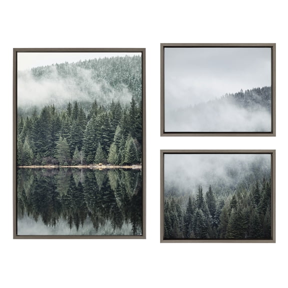 Kate and Laurel Sylvie Evergreen Reflections in Fog Framed Canvas Wall Art Set by Emiko and Mark Franzen of F2Images, 3 Piece Set Gray, Natural Mountain Tree Landscape Art for Wall Decor