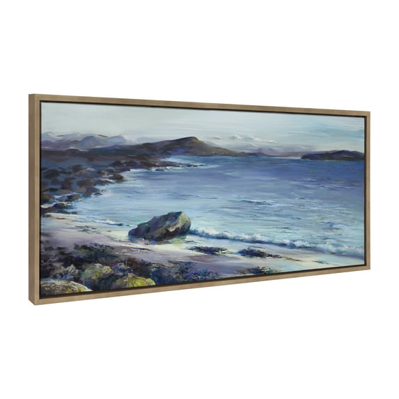Kate and Laurel Sylvie From Here Everything is Beautiful Framed Canvas Wall Art by Nel Whatmore, 18x40 Gold, Beach Mountain Landscape Art for Wall Home Decor