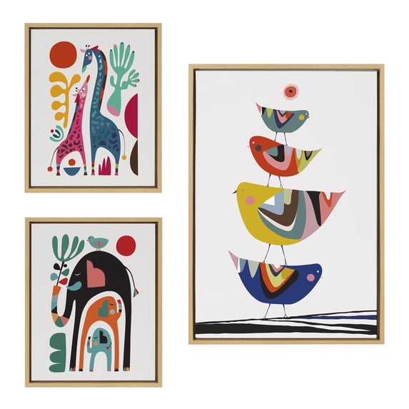 Kate and Laurel Sylvie Family Tree 4 Birds, Giraffe Love and Three Elephants Framed Canvas Wall Art Set by Rachel Lee of My Dream Wall, 3 Piece Set Natural, Mid-Century Animal Art for Wall