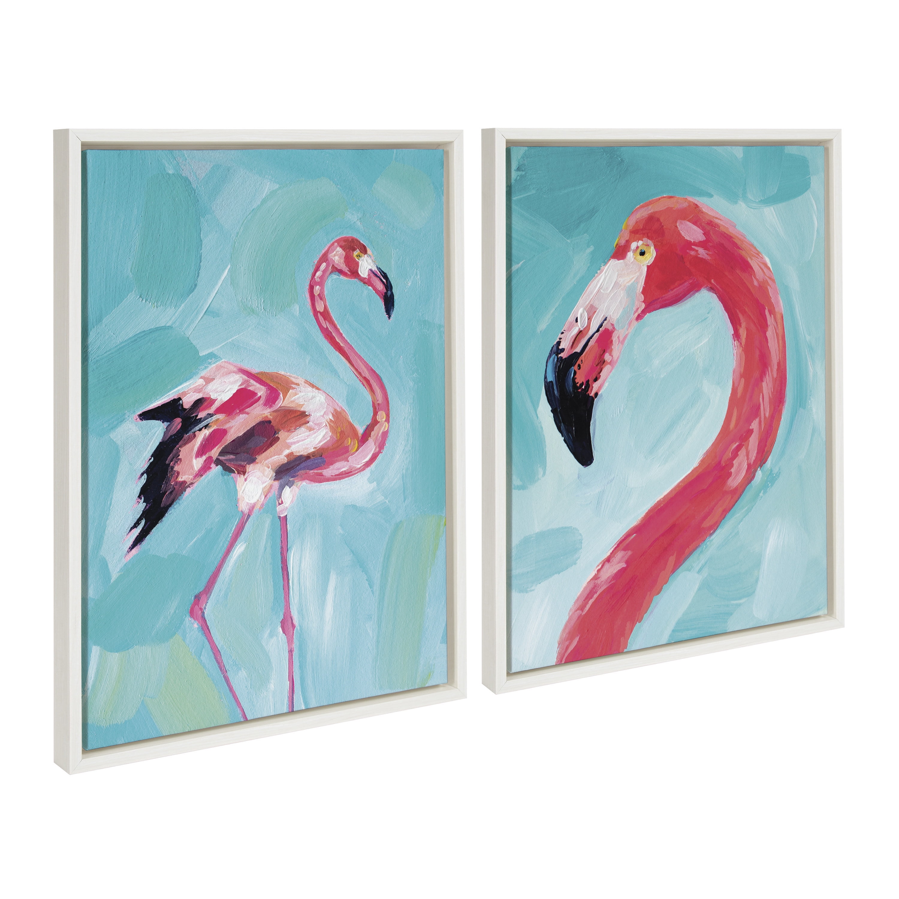 Sylvie Flamingo Study and Feathery Friend White Canvas Art Set