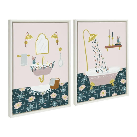 Kate and Laurel Sylvie Floral Sink and Floral Bath Framed Canvas Wall Art Set by Leonora Jennifer Benza of Yellow Heart Art, 2 piece 18x24 White, Modern Contemporary Bathroom Art Set