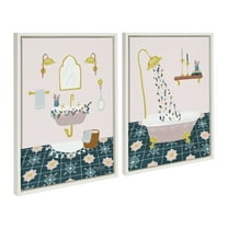 Kate and Laurel Sylvie Floral Sink and Floral Bath Framed Canvas Wall Art Set by Leonora Jennifer Benza of Yellow Heart Art, 2 piece 18x24 White, Modern Contemporary Bathroom Art Set