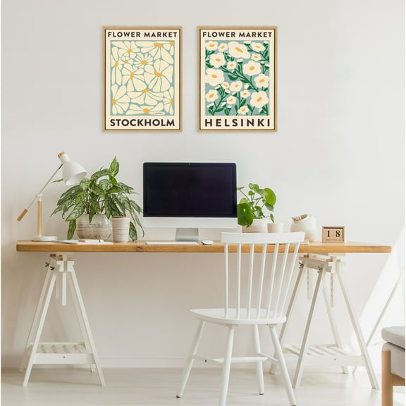 Kate and Laurel Sylvie Flower Market 1 and 2 Framed Canvas Wall Art Set by Carrie Cantwell, 2 Piece Set 18x24 Natural, Botanical Two-Piece Framed Art Set for Wall