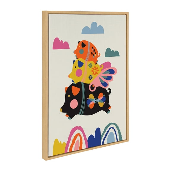 Kate and Laurel Sylvie Flying Pigs Framed Canvas Wall Art by Rachel Lee of My Dream Wall, 23x33 Natural, Colorful Abstract Animal Nursery Art for Wall