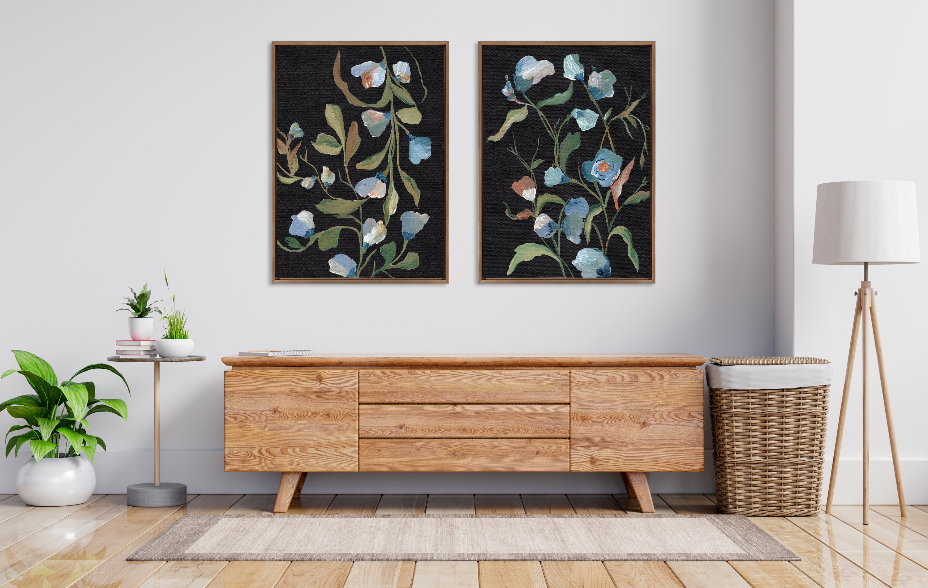 Gold Framed Floral Canvas Art Set with Black Background, 28"x38"