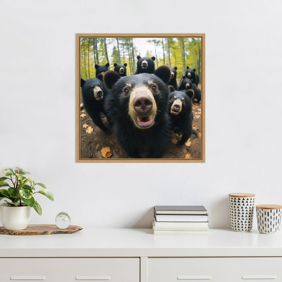Kate and Laurel Sylvie Funny Animal Black Bear Selfie Framed Canvas Wall Art by The Creative Bunch Studio, 22x22 Natural, Funny Cute Animal Art for Wall