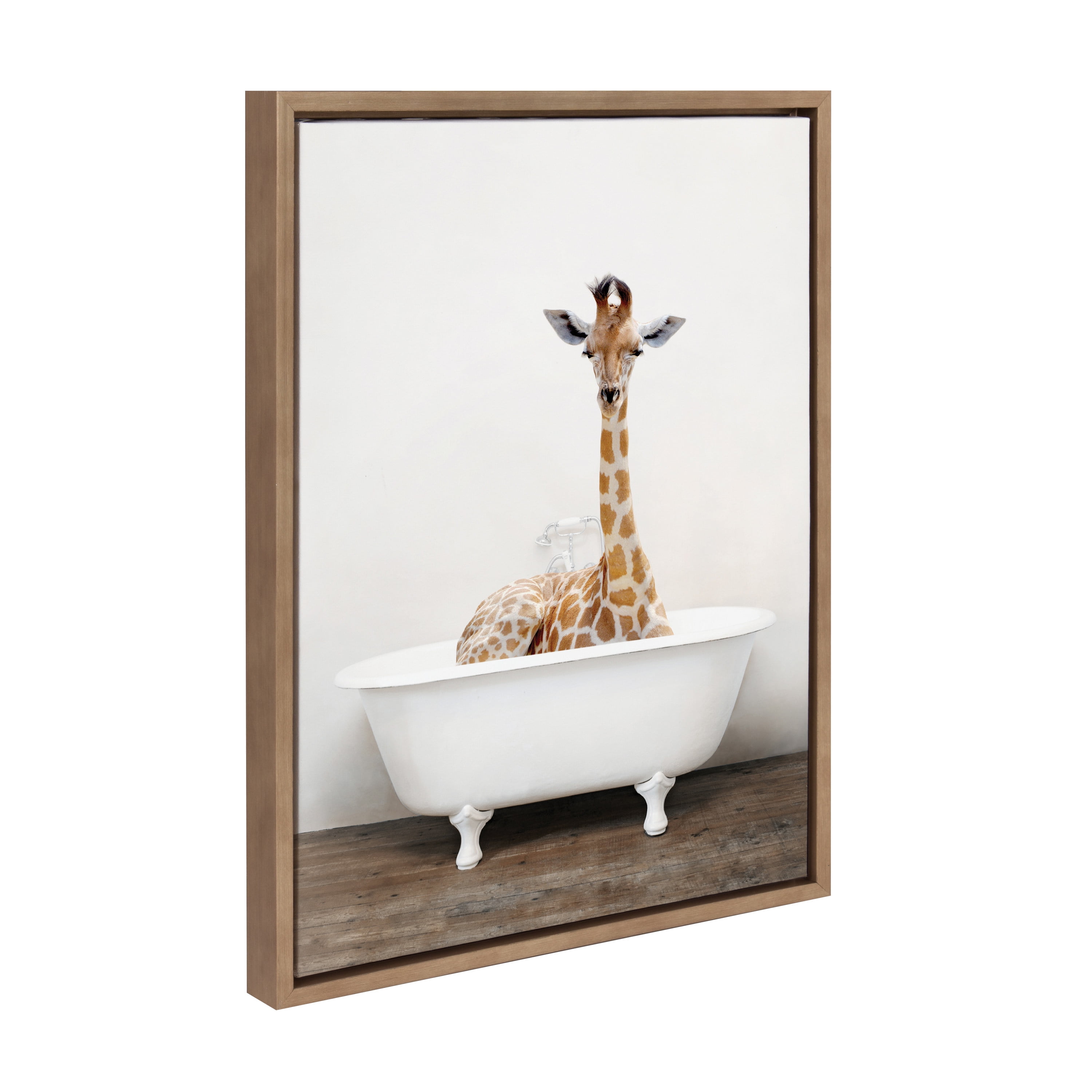 Kate and Laurel Sylvie Giraffe 2 in the Tub Color Framed Canvas Wall Art by Amy Peterson Art Studio, 18x24 Gold, Modern Fun Decorative Bathtub Wall Art for Home Décor