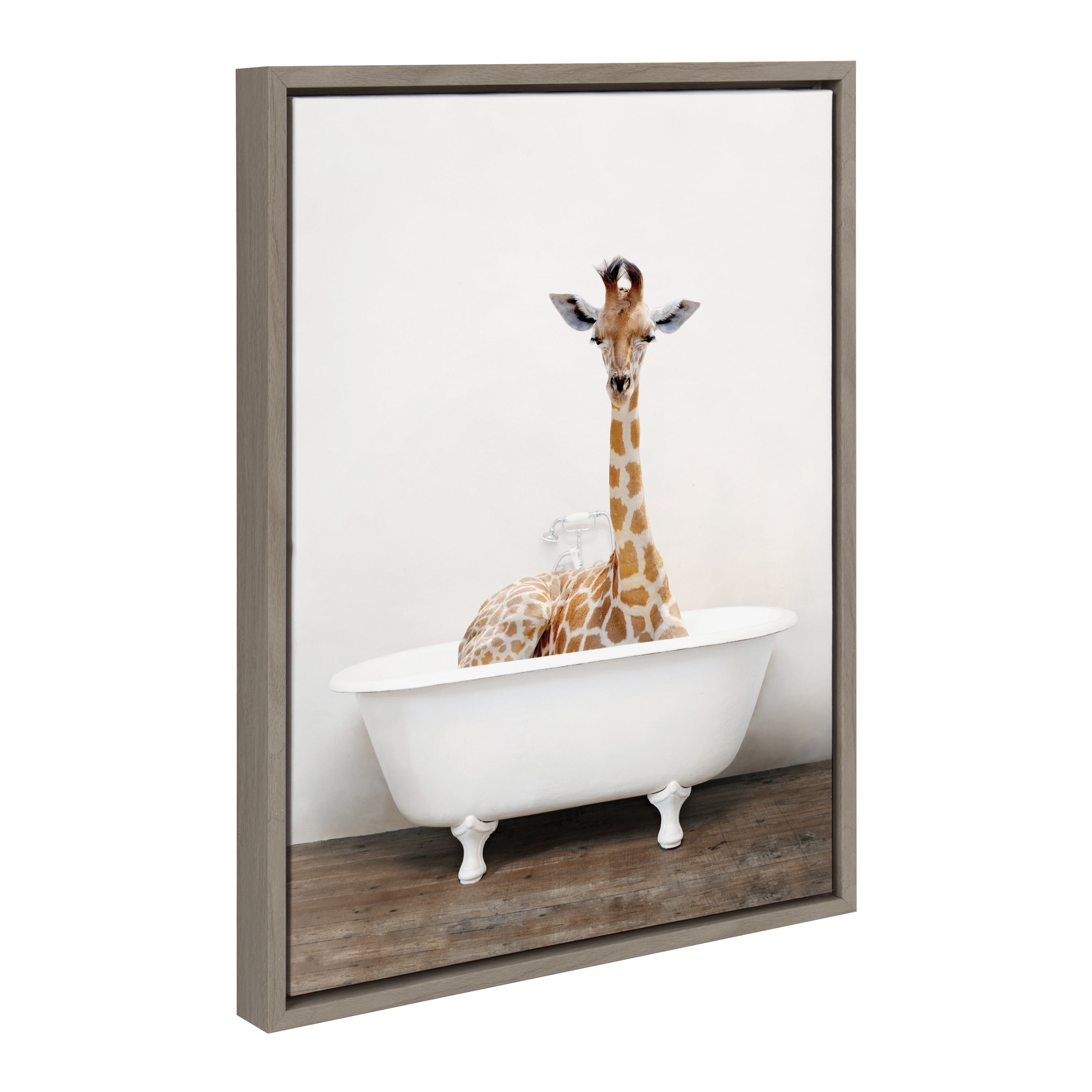 Kate and Laurel Sylvie Giraffe 2 in the Tub Color Framed Canvas Wall Art by Amy Peterson Art Studio, 18x24 Gray, Modern Fun Decorative Bathtub Wall Art for Home Décor
