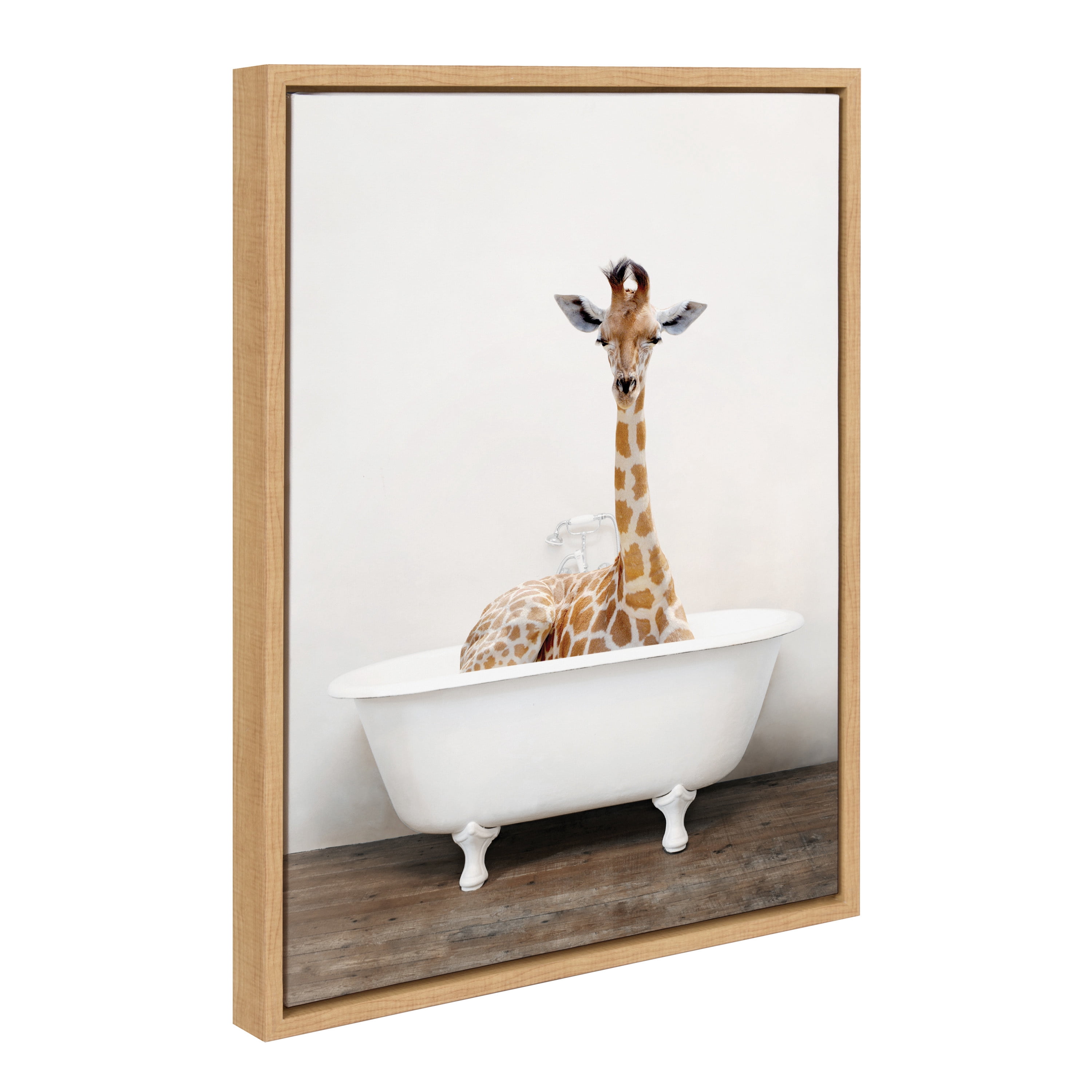 Kate and Laurel Sylvie Giraffe 2 in the Tub Color Framed Canvas Wall Art by Amy Peterson Art Studio, 18x24 Natural, Modern Fun Decorative Bathtub Wall Art for Home Décor