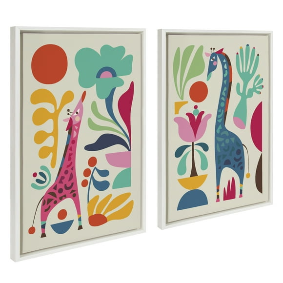 Kate and Laurel Sylvie Giraffe Garden and Giraffe Garden II Framed Canvas Wall Art Set by Rachel Lee of My Dream Wall, 2 Piece 23x33 White, Modern Colorful Abstract Animal Art for Wall