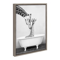 Kate and Laurel Sylvie Giraffe In Tub Framed Canvas Wall Art by Amy Peterson Art Studio, 18x24 Gray, Modern Fun Decorative Bathtub Wall Art for Home Décor
