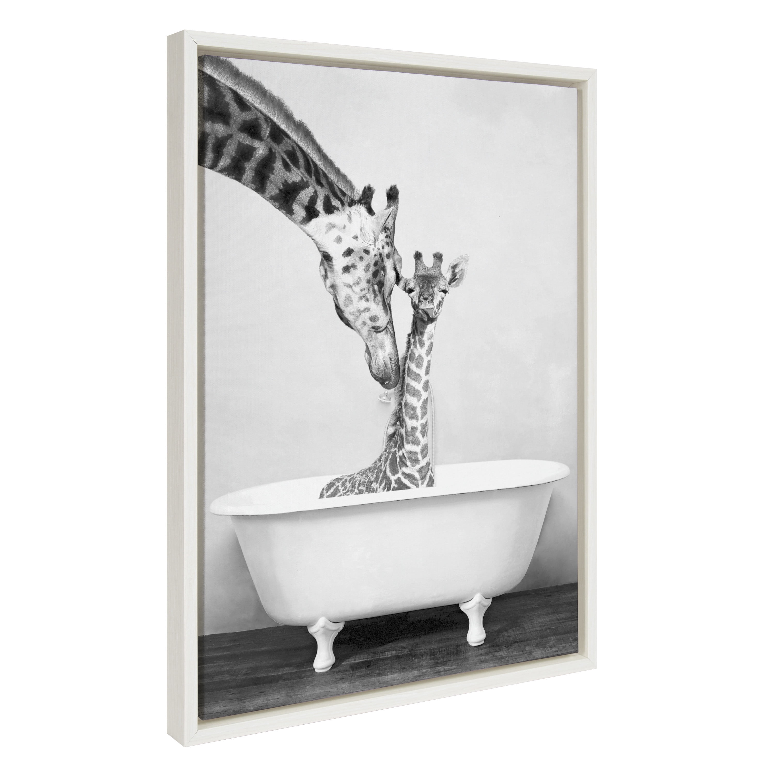 Kate and Laurel Sylvie Giraffe In Tub Framed Canvas Wall Art by Amy Peterson Art Studio, 18x24 White, Modern Fun Decorative Bathtub Wall Art for Home Décor