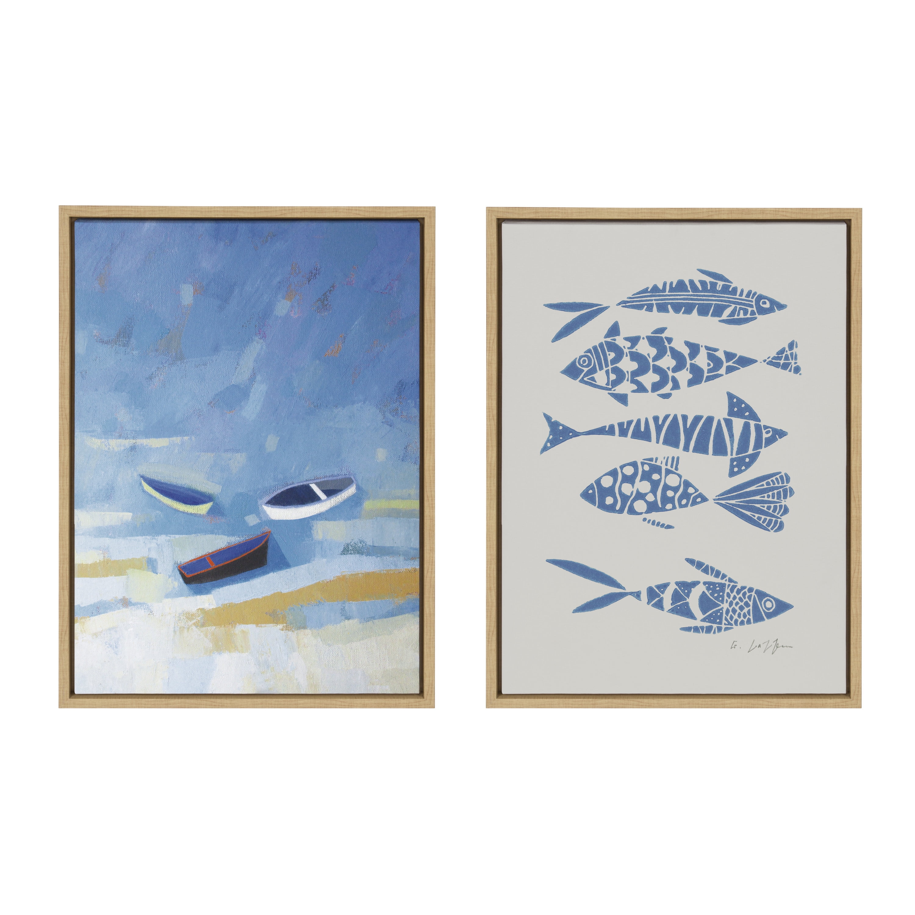 Blue and Beige Coastal Boat and Fish Canvas Art Set