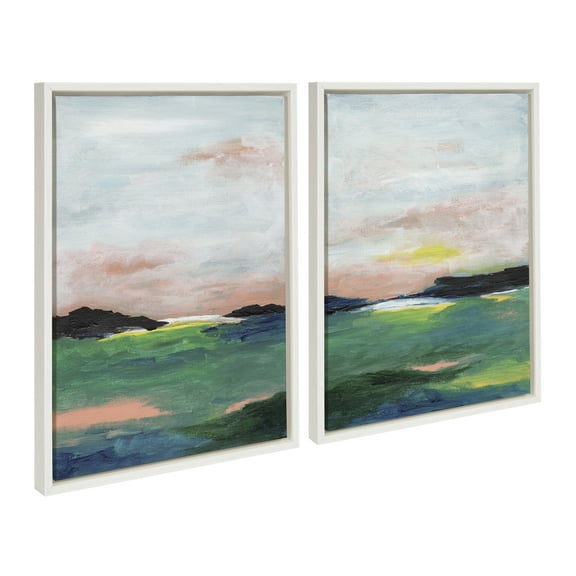 Kate and Laurel Sylvie Golden Peach Coast l and II Framed Canvas Wall Art Set by Nikita Jariwala, 2 Piece Set 18x24 White, Soft Abstract Prairie Landscape Art for Wall Decor