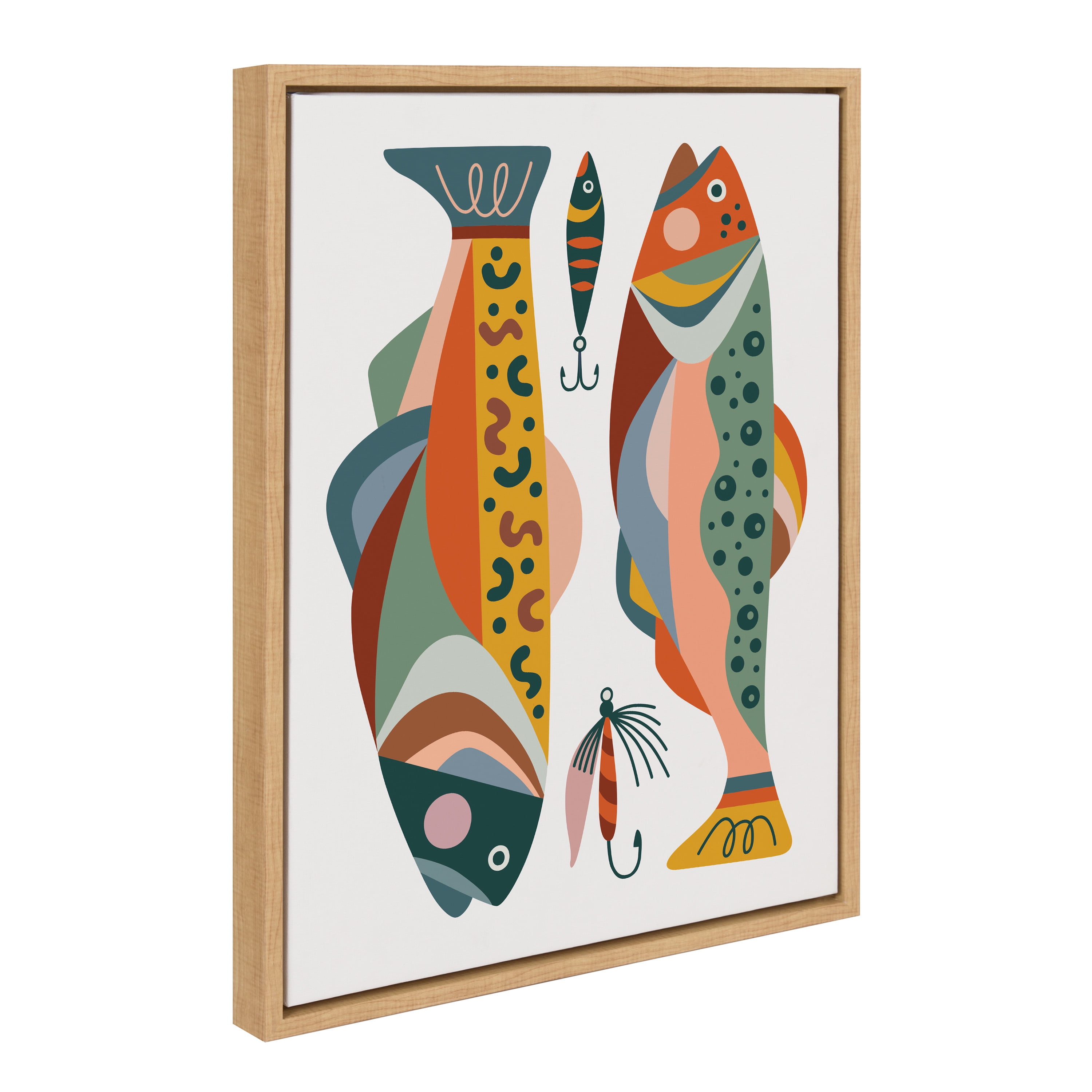 Gone Fishing Colorful Fish Illustration on Natural Framed Canvas, 18x24