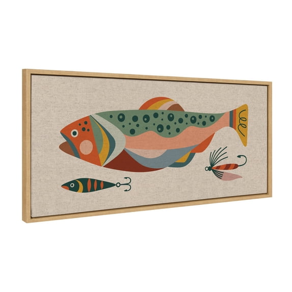Kate and Laurel Sylvie Gone Fishing Neutral Linen Texture Framed Canvas Wall Art by Rachel Lee of My Dream Wall, 18x40 Natural, Bright Colorful Fish Art Print for Wall Decor