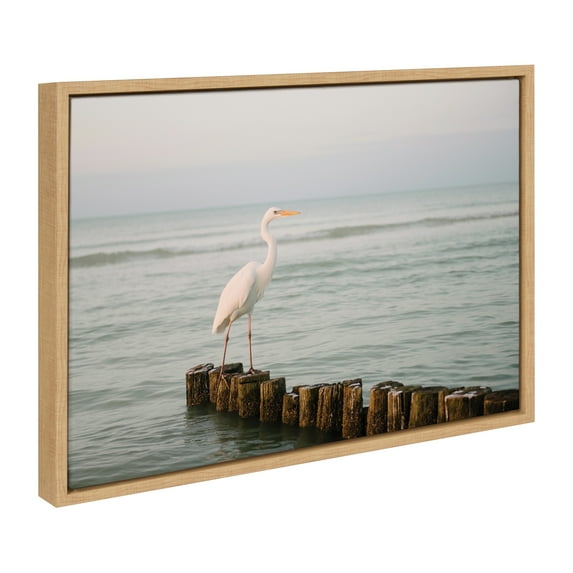 Kate and Laurel Sylvie Great White Heron Isla Holbox Framed Canvas Wall Art by Crystal Lynn Collins, 18x24 Natural, Soft Coastal Beach Bird Ocean Art for Wall