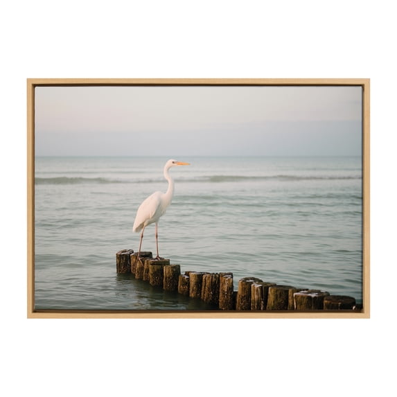 Kate and Laurel Sylvie Great White Heron Isla Holbox Framed Canvas Wall Art by Crystal Lynn Collins, 23x33 Natural, Soft Coastal Beach Bird Ocean Art for Wall