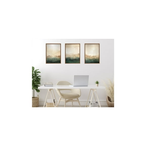 Kate and Laurel Sylvie Green Mountain Abstract I, II and III Framed Canvas Wall Art Set by Amy Lighthall, 3 Piece Set Beaded Gold, Soft Mountain Landscape Art for Wall