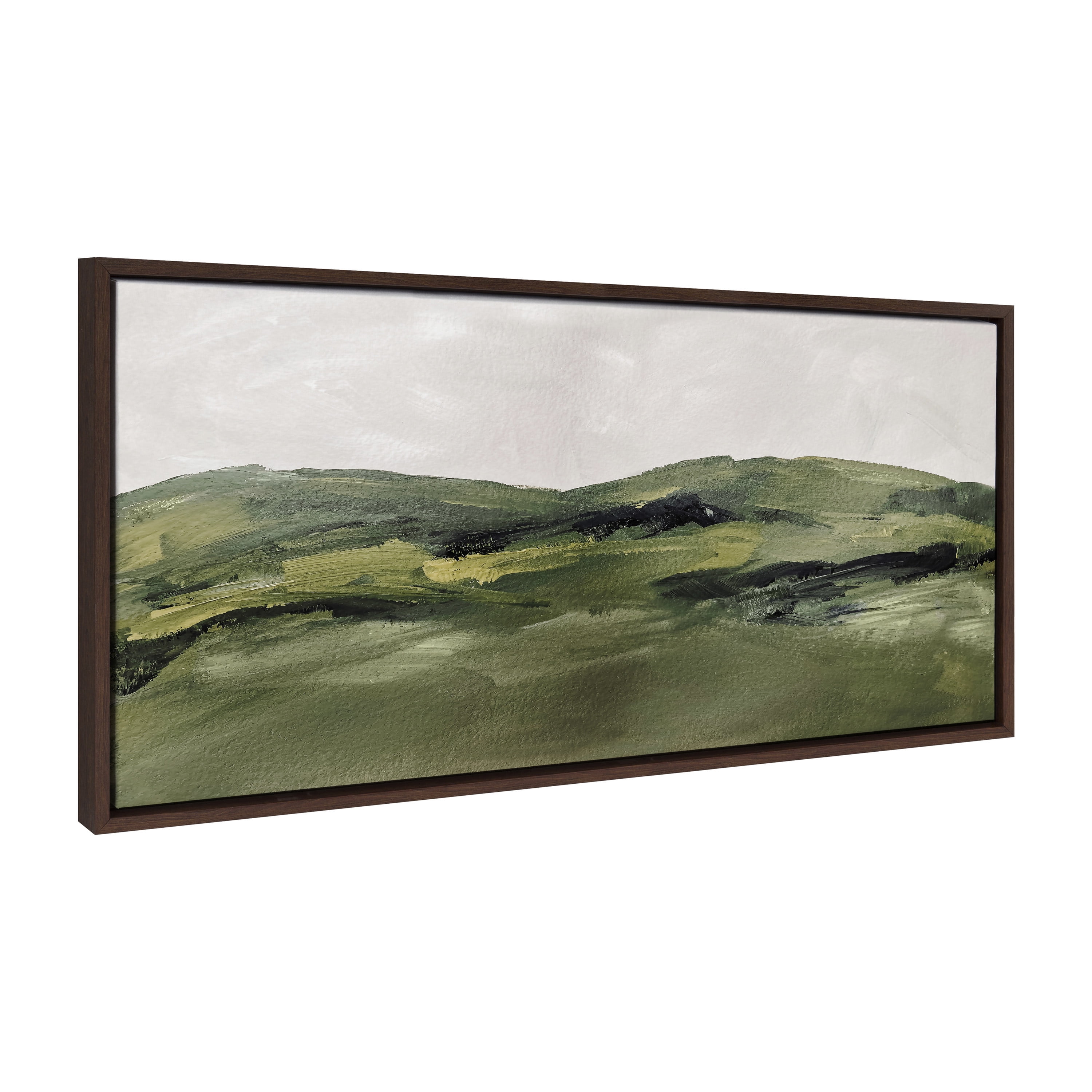 Green Mountain Landscape Watercolor Canvas Print with Brown Frame