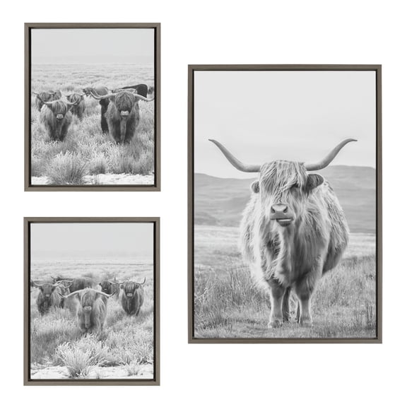 Kate and Laurel Sylvie Herd of Highland Cows BW Left and Right and Highland Cow Mountain Landscape Framed Canvas Wall Art Set by The Creative Bunch Studio, 3 Piece Set Gray, Farm Animal Art