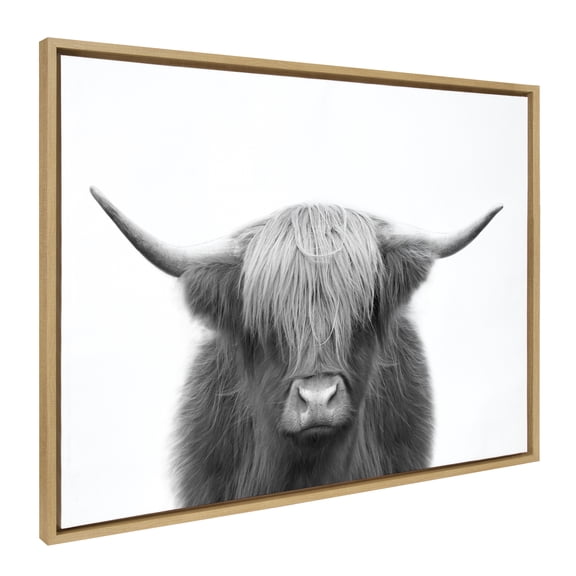 Kate and Laurel Sylvie Hey Dude Highland Cow BW Framed Canvas Wall Art by The Creative Bunch Studio, 28x38 Natural, Decorative Farmhouse Animal Art for Wall
