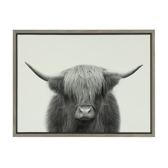 Kate and Laurel Sylvie Hey Dude Highland Cow BW Framed Linen Textured Canvas Wall Art by The Creative Bunch Studio, 18x24 Gray, Decorative Farmhouse Art Print