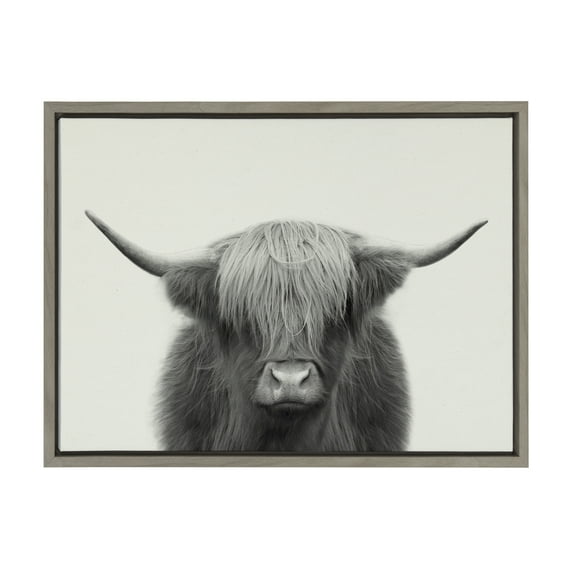 Kate and Laurel Sylvie Hey Dude Highland Cow BW Framed Linen Textured Canvas Wall Art by The Creative Bunch Studio, 18x24 Gray, Decorative Farmhouse Art Print