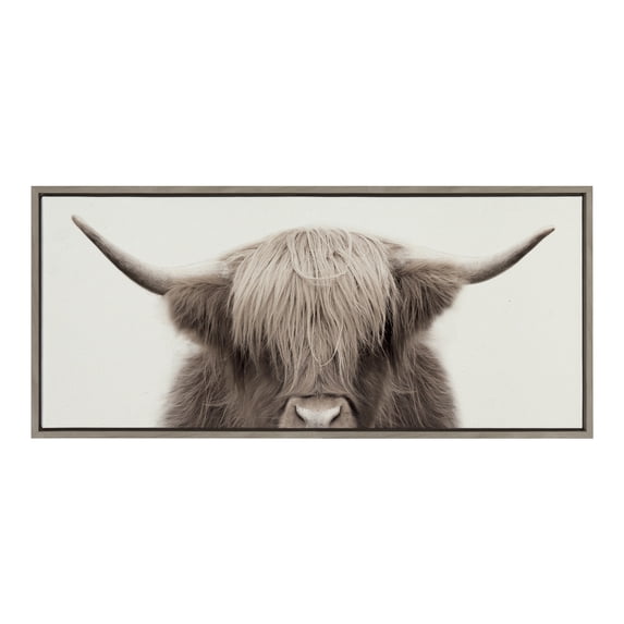 Kate and Laurel Sylvie Hey Dude Highland Cow Color Framed Linen Textured Canvas Wall Art by The Creative Bunch Studio, 18x40 Panel Gray, Decorative Cow Art for Wall