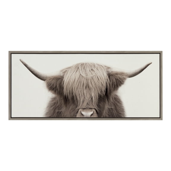 Kate and Laurel Sylvie Hey Dude Highland Cow Color Framed Linen Textured Canvas Wall Art by The Creative Bunch Studio, 18x40 Panel Gray, Decorative Cow Art for Wall