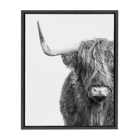 Kate and Laurel Sylvie Highland Cow Black and White Portrait Dark Gray Framed Canvas by Amy Peterson, 18x24 Gray, Adorable Wall Decor for Living Room, Nursery