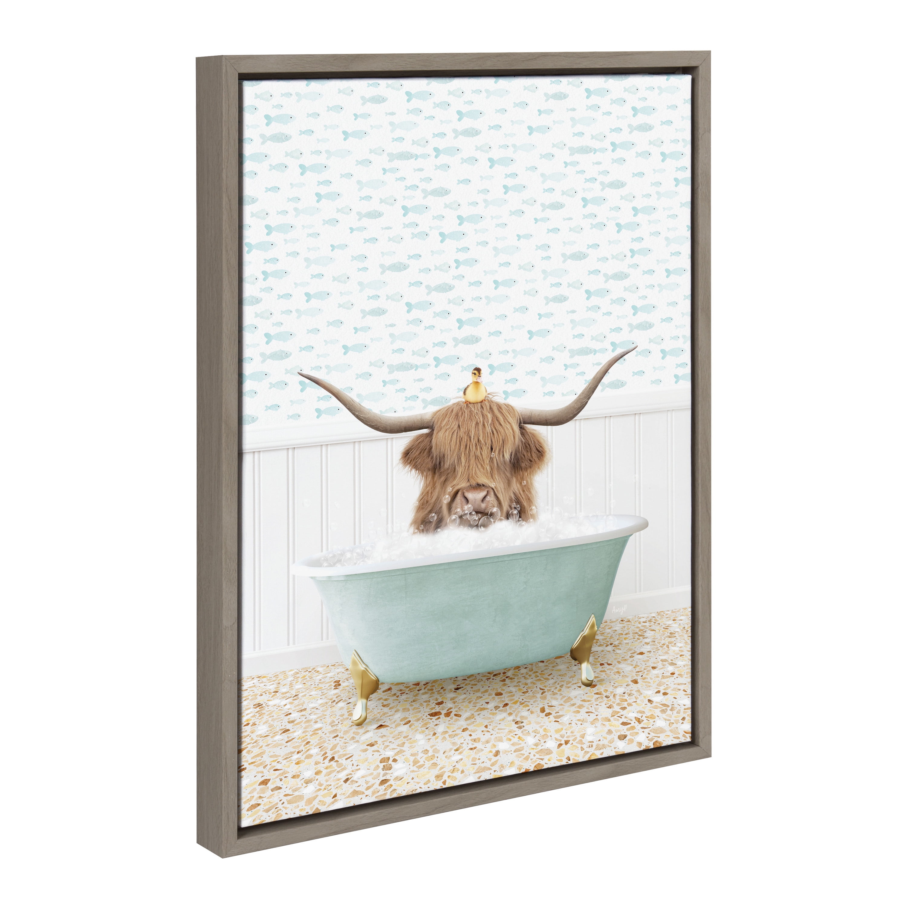 Highland Cow and Duckling in Fish Bath Framed Canvas Art
