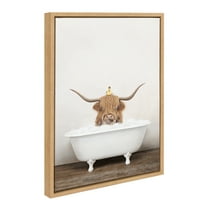 Kate and Laurel Sylvie Highland Cow and Duckling in Rustic Bath Framed Canvas Wall Art by Amy Peterson Art Studio, 18x24 Natural, Modern Fun Decorative Bathtub Wall Art for Home Décor