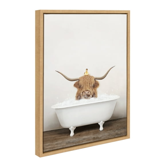 Kate and Laurel Sylvie Highland Cow and Duckling in Rustic Bath Framed Canvas Wall Art by Amy Peterson Art Studio, 18x24 Natural, Modern Fun Decorative Bathtub Wall Art for Home Décor