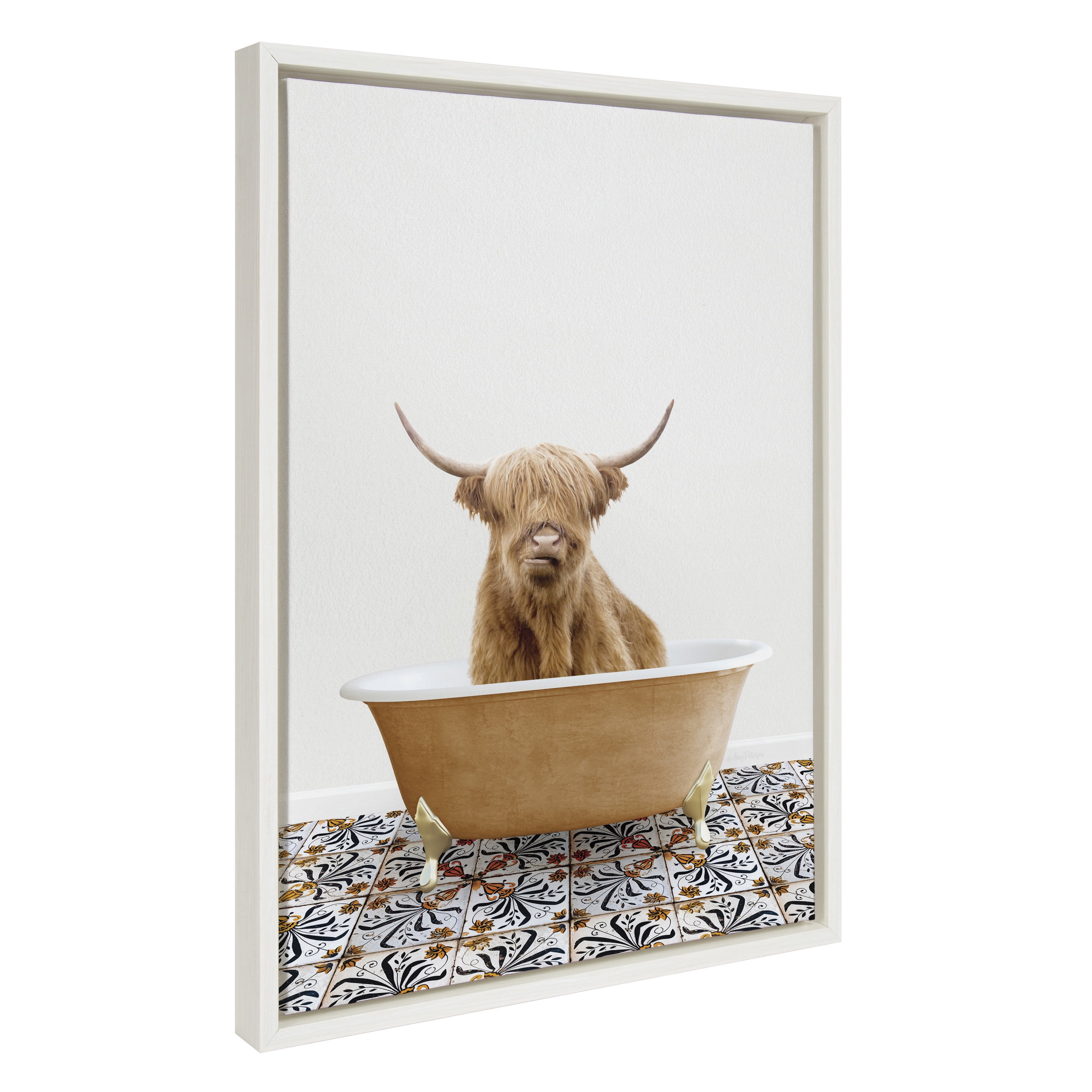 Kate and Laurel Sylvie Highland Cow In Mediterranean Bath Framed Canvas Wall Art by Amy Peterson Art Studio, 18x24 White, Whimsical Animal Art for Wall