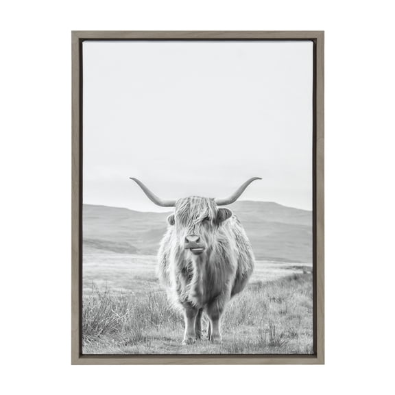 Kate and Laurel Sylvie Highland Cow Mountain Landscape Black and White Framed Canvas Wall Art by The Creative Bunch Studio, 18x24 Gray, Decorative Rustic Animal Art for Wall