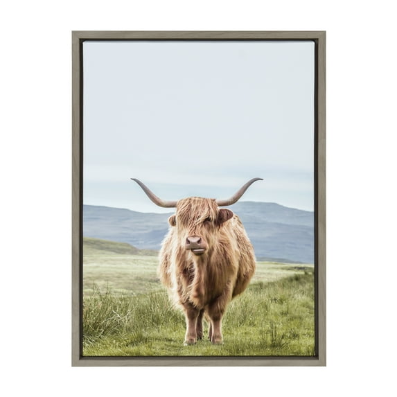 Kate and Laurel Sylvie Highland Cow Mountain Landscape Framed Canvas Wall Art by The Creative Bunch Studio, 18x24 Gray, Decorative Rustic Animal Art for Wall