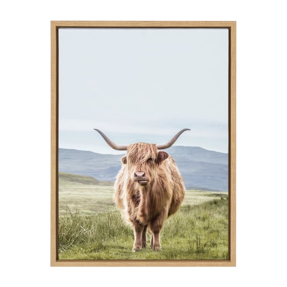 Kate and Laurel Sylvie Highland Cow Mountain Landscape Framed Canvas Wall Art by The Creative Bunch Studio, 18x24 Natural, Decorative Rustic Animal Art for Wall
