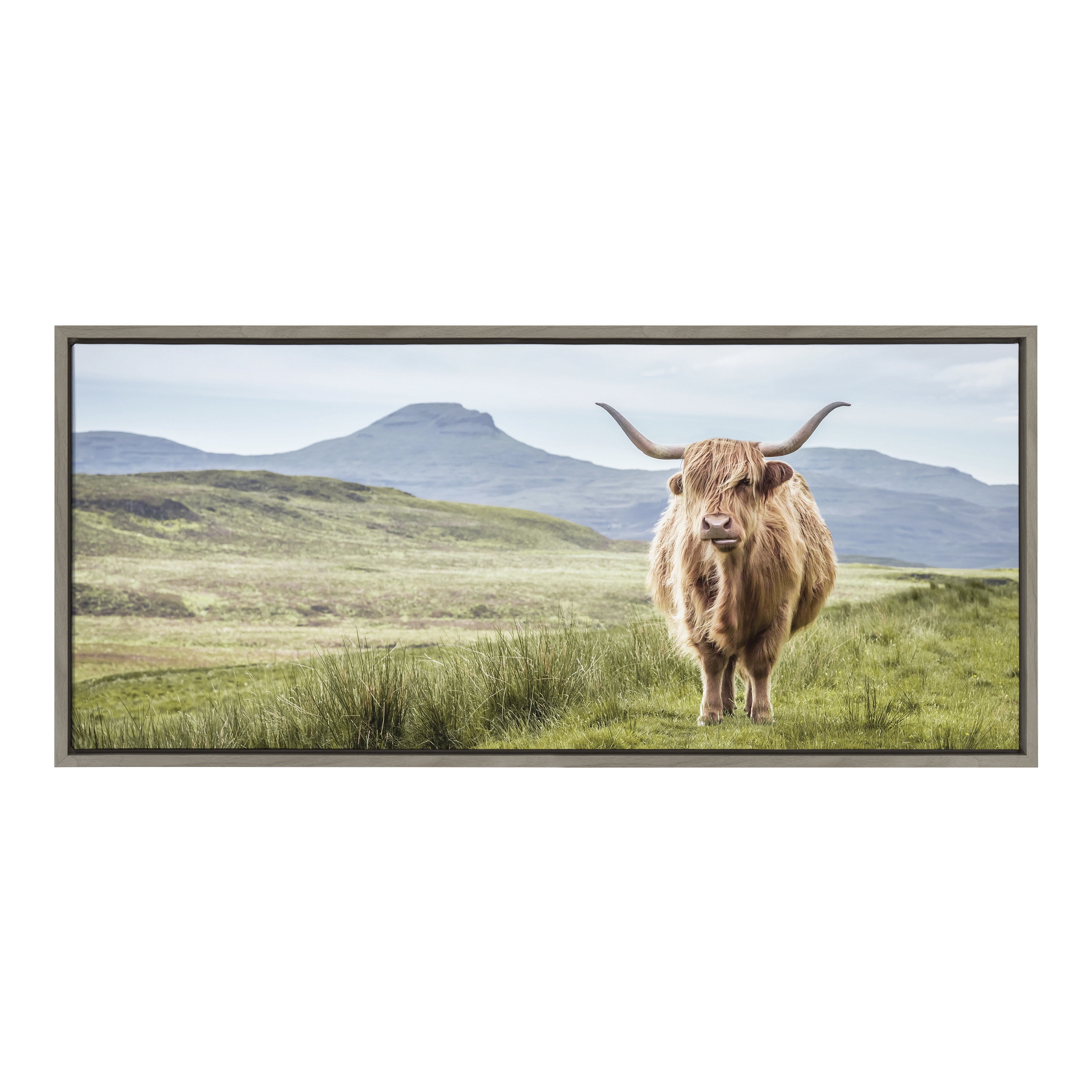 Highland Cow Mountain Landscape Canvas Art with Gray Frame