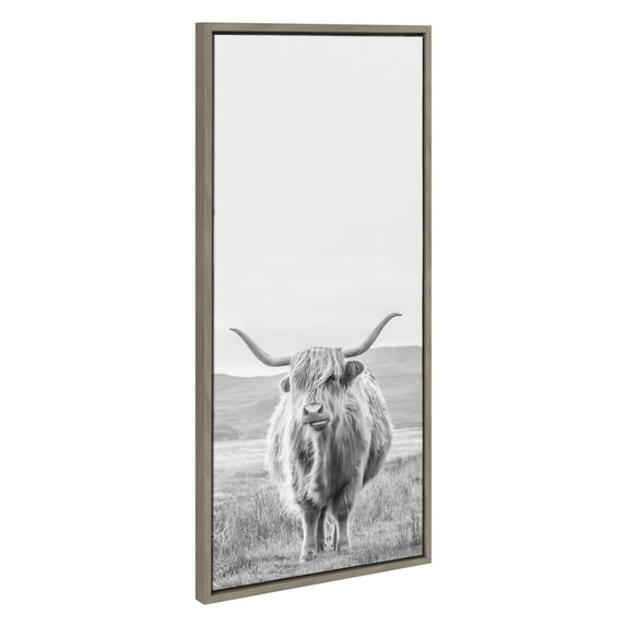Kate and Laurel Sylvie Highland Cow Mountain Landscape Vertical BW Framed Canvas Wall Art by The Creative Bunch Studio, 18x40 Gray, Decorative Farmhouse Art for Wall