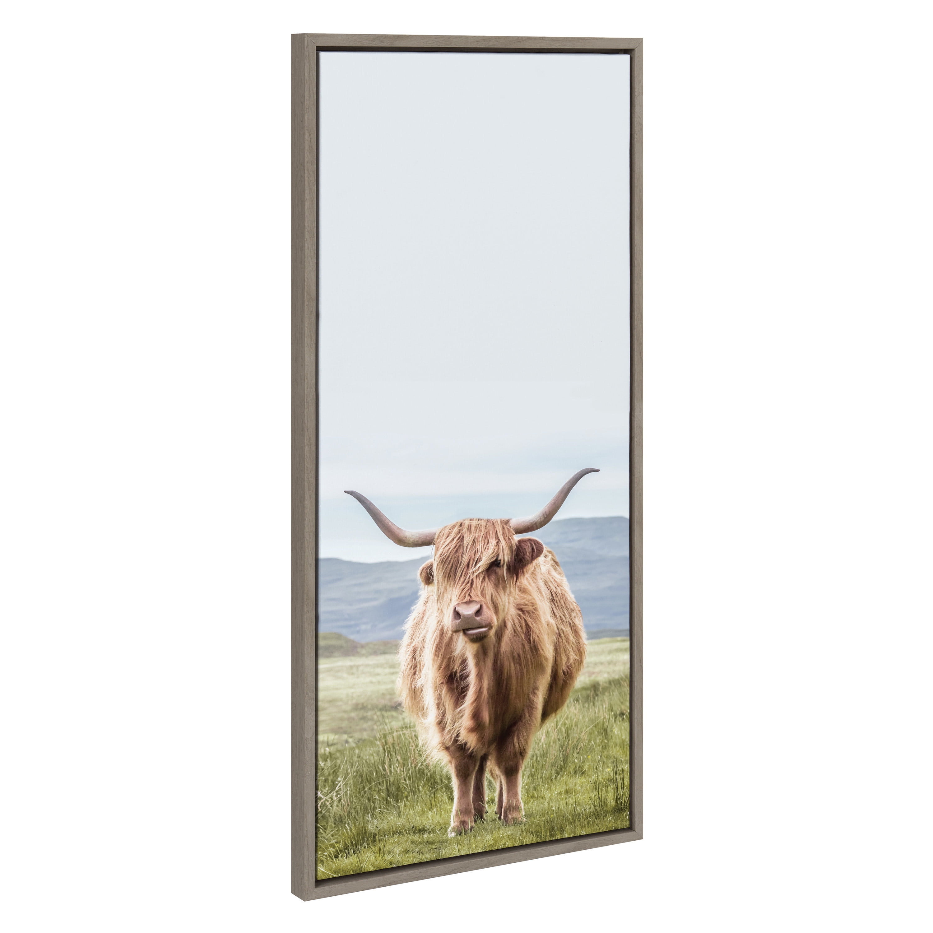 Highland Cow Mountain Landscape Gray Framed Canvas Wall Art