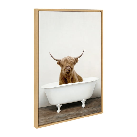 Kate and Laurel Sylvie Highland Cow in Tub Color Framed Canvas Wall Art by Amy Peterson Art Studio, 23 x 33, Natural, Rustic Farmhouse Bathroom, Laundry Room Art