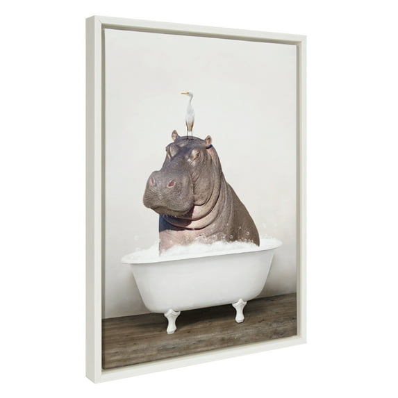 Kate and Laurel Sylvie Hippo and Bird in Rustic Bath Framed Canvas Wall Art by Amy Peterson Art Studio, 18x24 White, Modern Fun Decorative Bathtub Wall Art for Home Décor