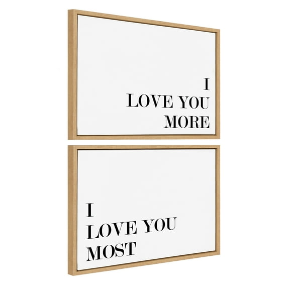Kate and Laurel Sylvie I Love You More and I Love You Most Framed Canvas Wall Art Set by Maggie Price of Hunt and Gather Goods, 2 Piece Set 18x24 Natural, Quote Words Art Set